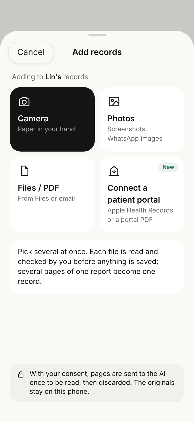Add records screen with Camera, Photos, Files or PDF, and Connect a patient portal.