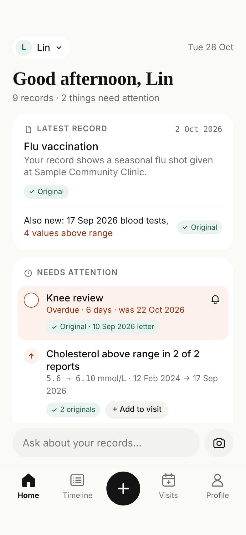 HealthTimeline home screen: the latest record, a flu vaccination marked Original, and a Needs attention list with an overdue knee review and cholesterol above range in 2 of 2 reports.