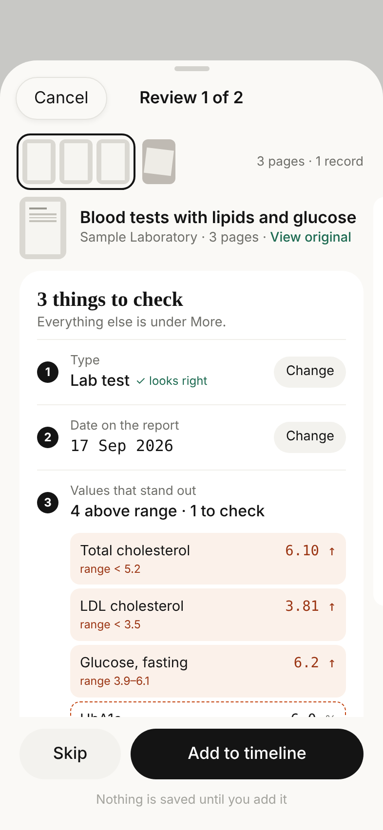 Review screen for a three-page blood test: type, date on the report and four values above range, each to check before adding to the timeline.