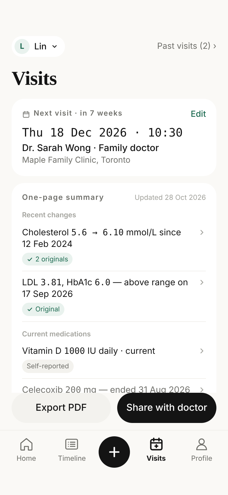 Visits screen: the next appointment with a family doctor and a one-page summary of recent changes and current medications, each marked with its source.
